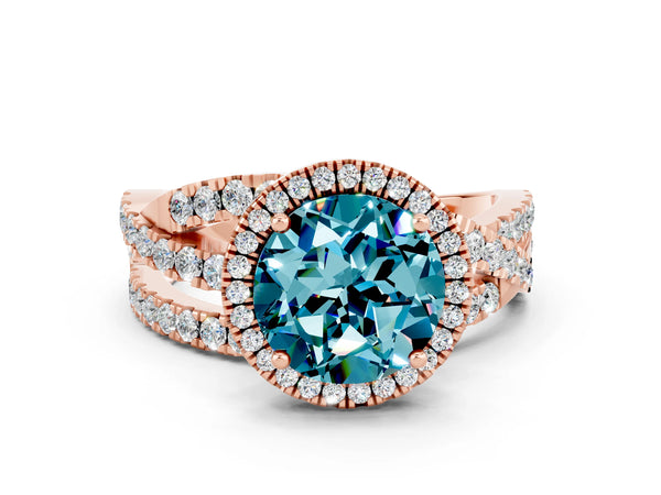 Rose gold Round Cut Blue Topaz Halo Ring with Round Split Shank and Prong Setting
