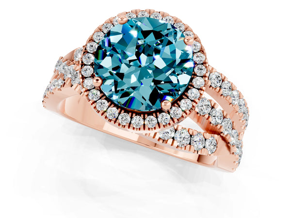 Rose gold Round Cut Blue Topaz Halo Ring with Round Split Shank and Prong Setting