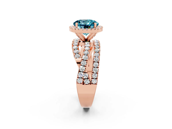 Rose gold Round Cut Blue Topaz Halo Ring with Round Split Shank and Prong Setting