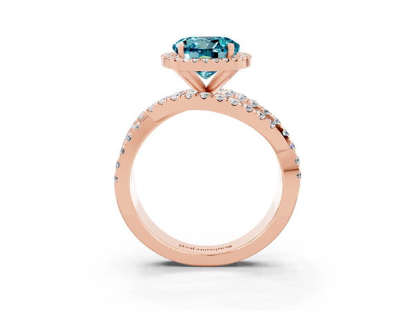 Rose gold Round Cut Blue Topaz Halo Ring with Round Split Shank and Prong Setting