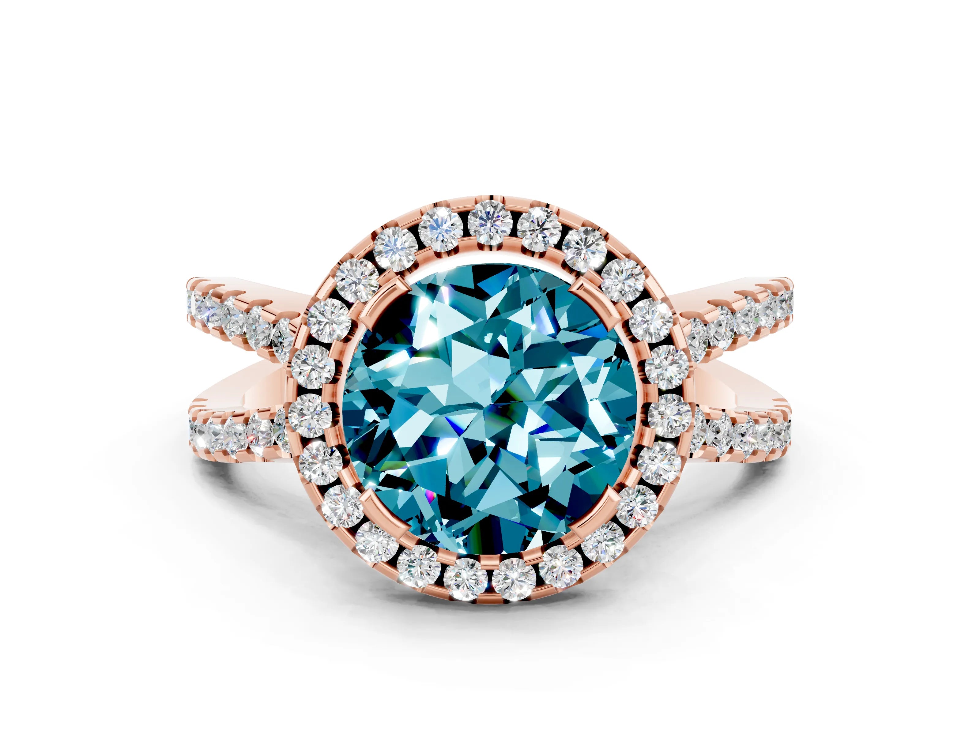 Rose gold Round Cut Blue Topaz Halo Ring with Split Shank Pavé Band and Prong Setting