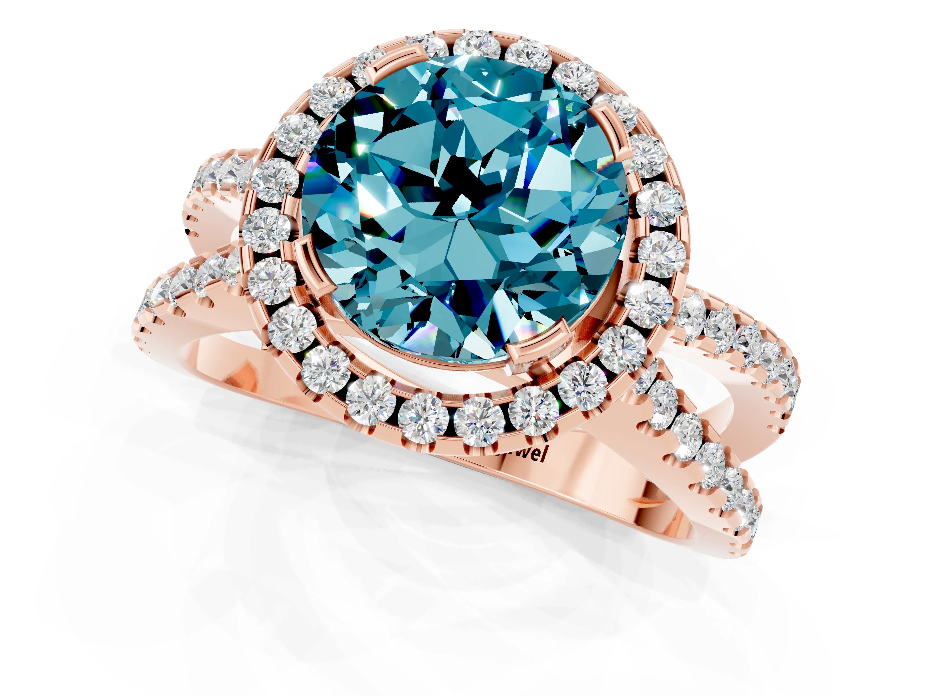 Rose gold Round Cut Blue Topaz Halo Ring with Split Shank Pavé Band and Prong Setting_1