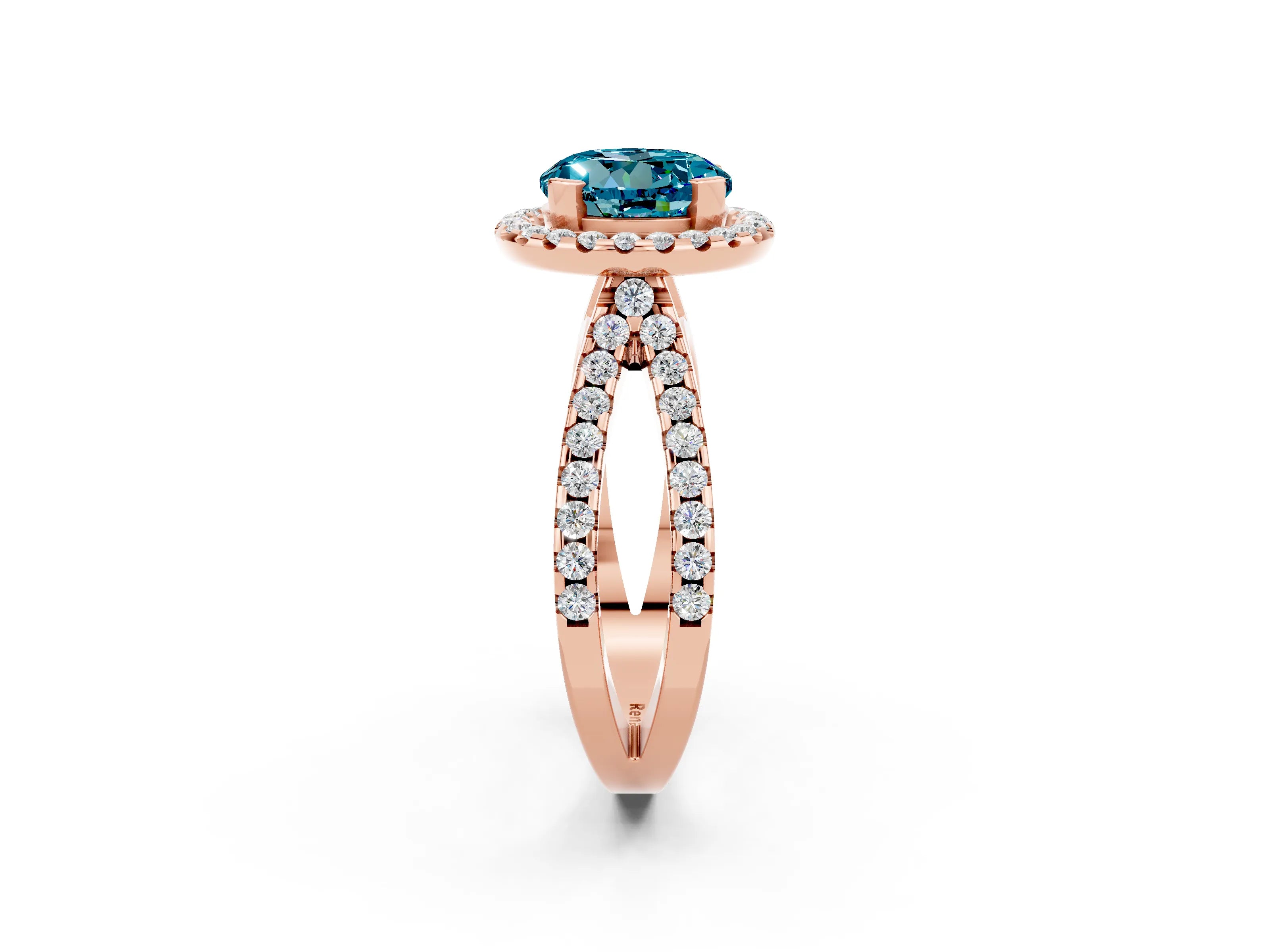 Rose gold Round Cut Blue Topaz Halo Ring with Split Shank Pavé Band and Prong Setting_2