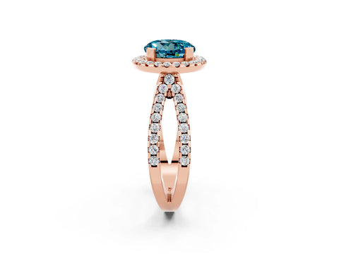 Rose gold Round Cut Blue Topaz Halo Ring with Split Shank Pavé Band and Prong Setting_2