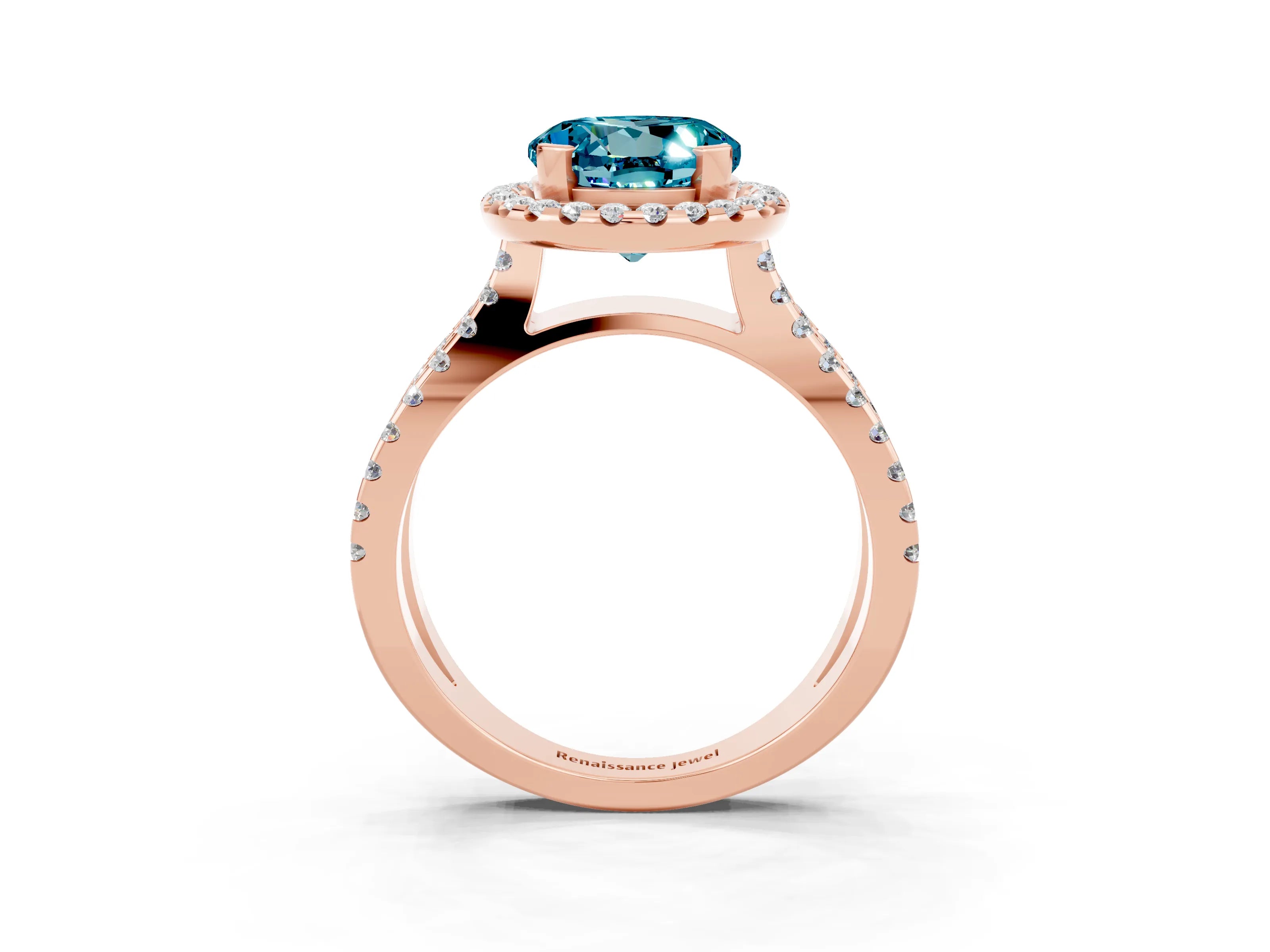 Rose gold Round Cut Blue Topaz Halo Ring with Split Shank Pavé Band and Prong Setting_3