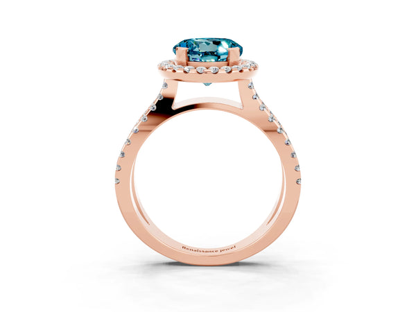 Rose gold Round Cut Blue Topaz Halo Ring with Split Shank Pavé Band and Prong Setting