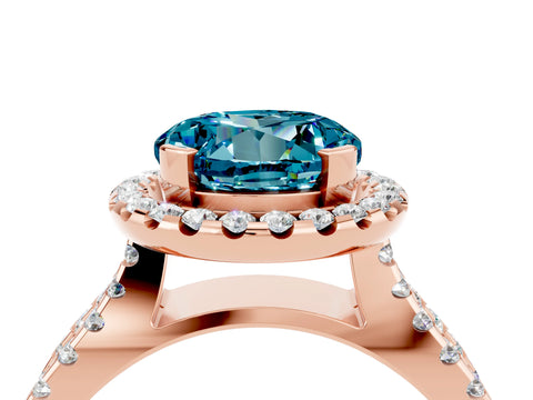 Rose gold Round Cut Blue Topaz Halo Ring with Split Shank Pavé Band and Prong Setting_4