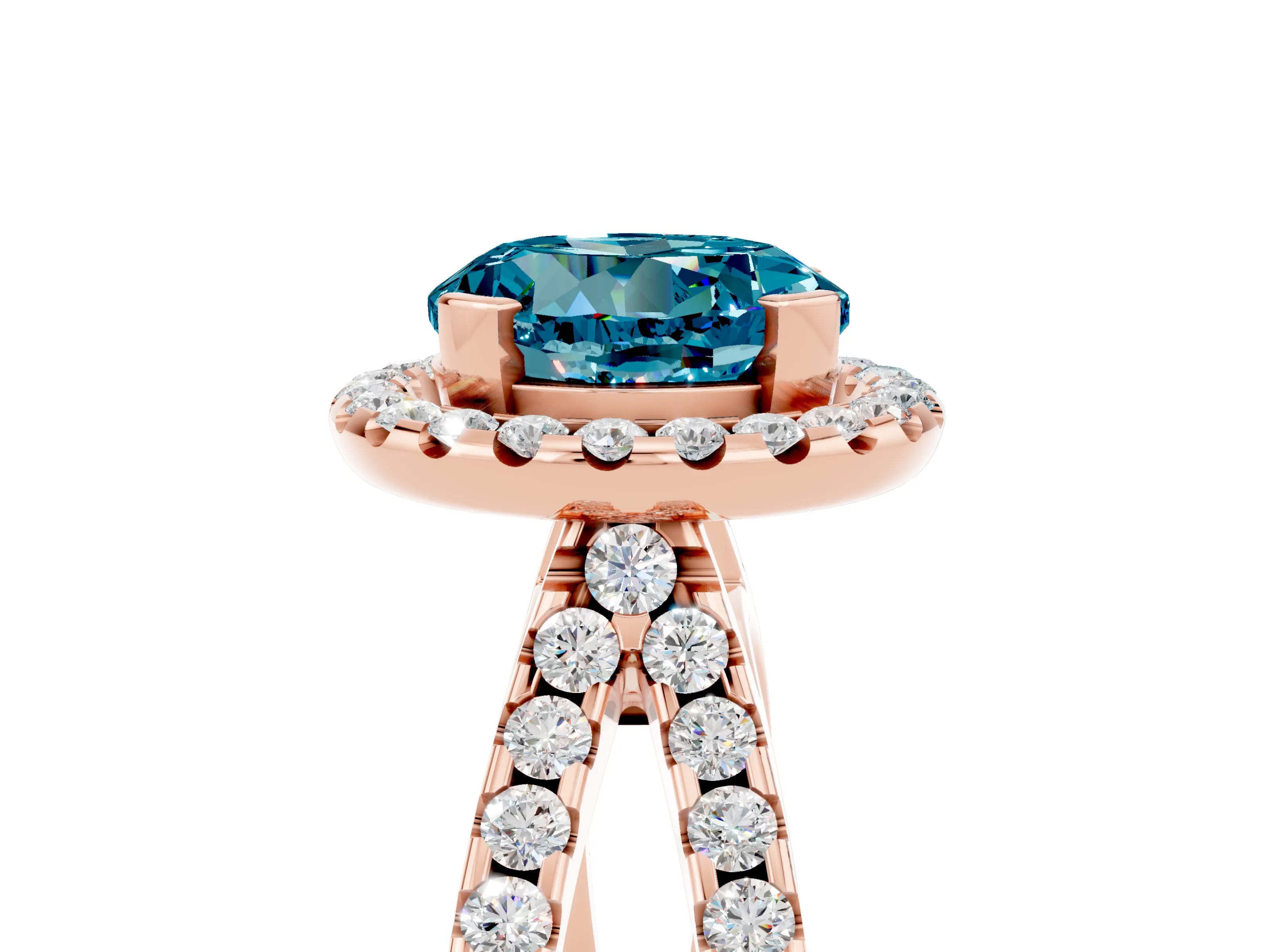 Rose gold Round Cut Blue Topaz Halo Ring with Split Shank Pavé Band and Prong Setting_5