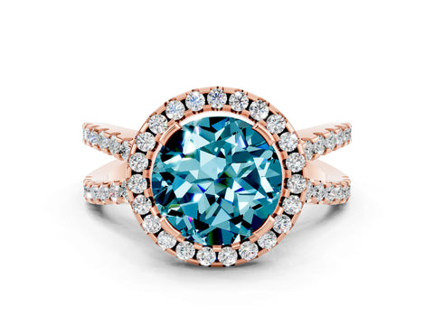 Rose gold Round Cut Blue Topaz Halo Ring with Split Shank Pavé Band and Prong Setting