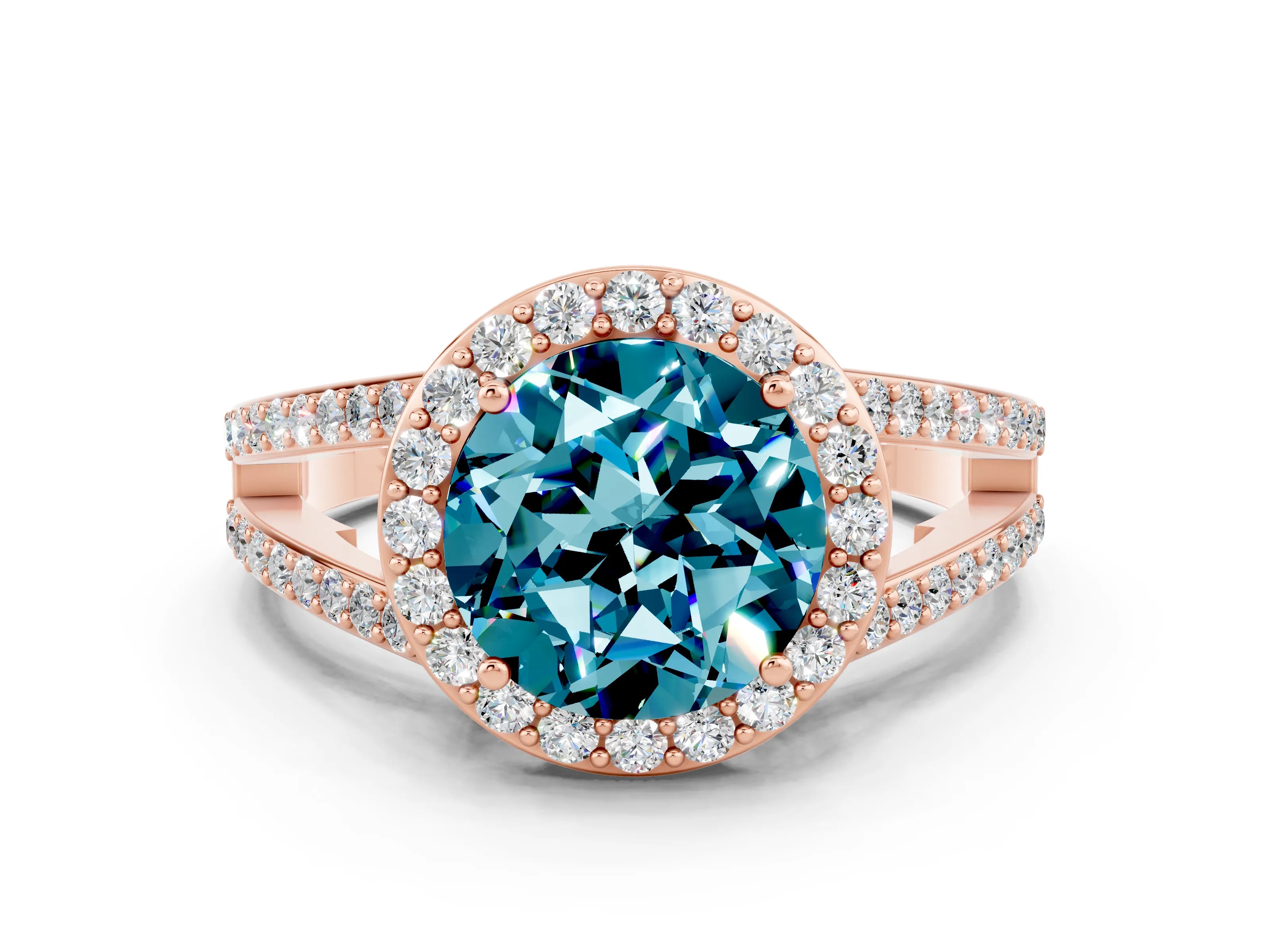 Rose gold Round Cut Blue Topaz Halo Ring with Split Shank U-Prong Band and Four-Prong Setting