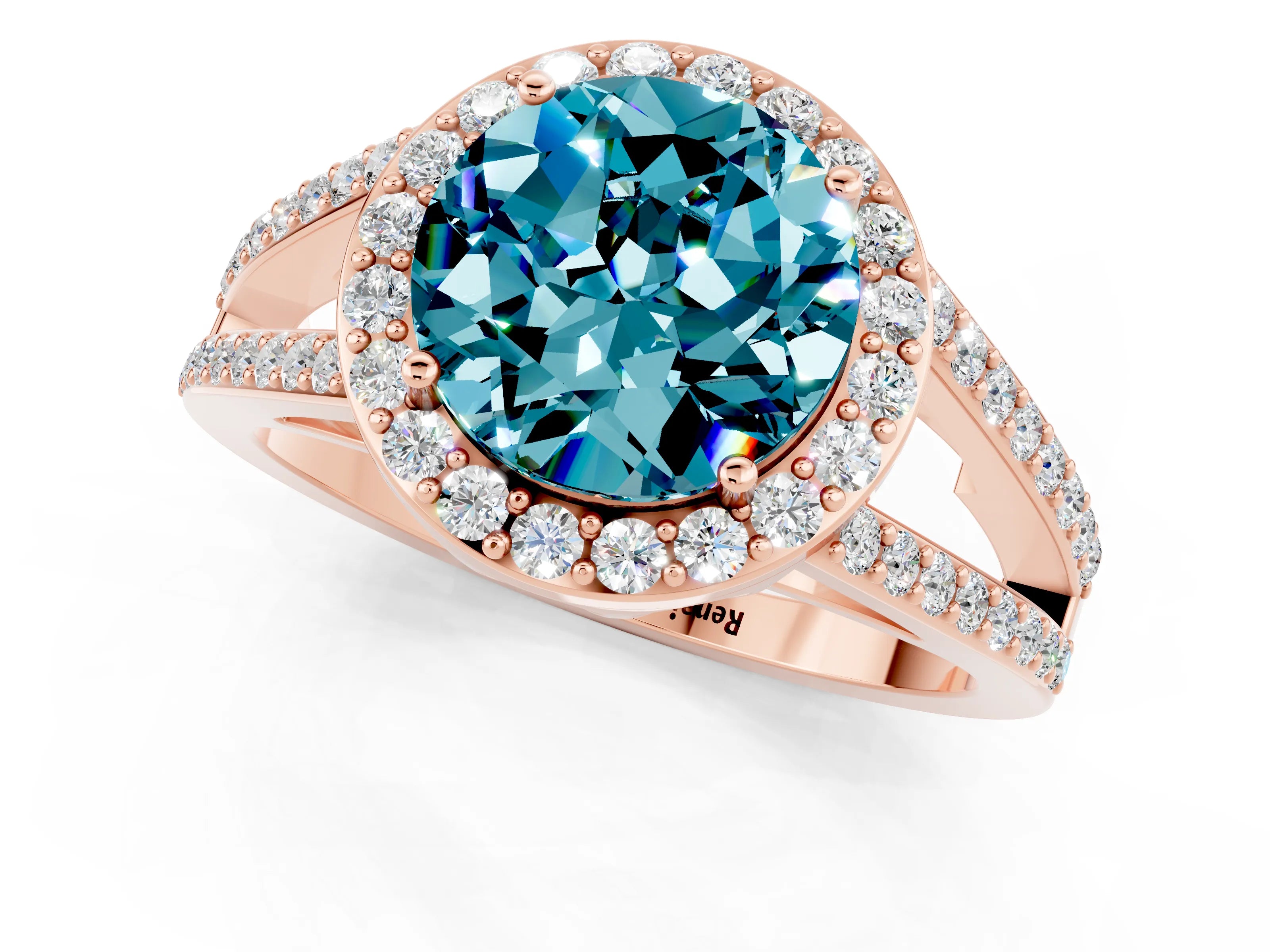 Rose gold Round Cut Blue Topaz Halo Ring with Split Shank U-Prong Band and Four-Prong Setting_1