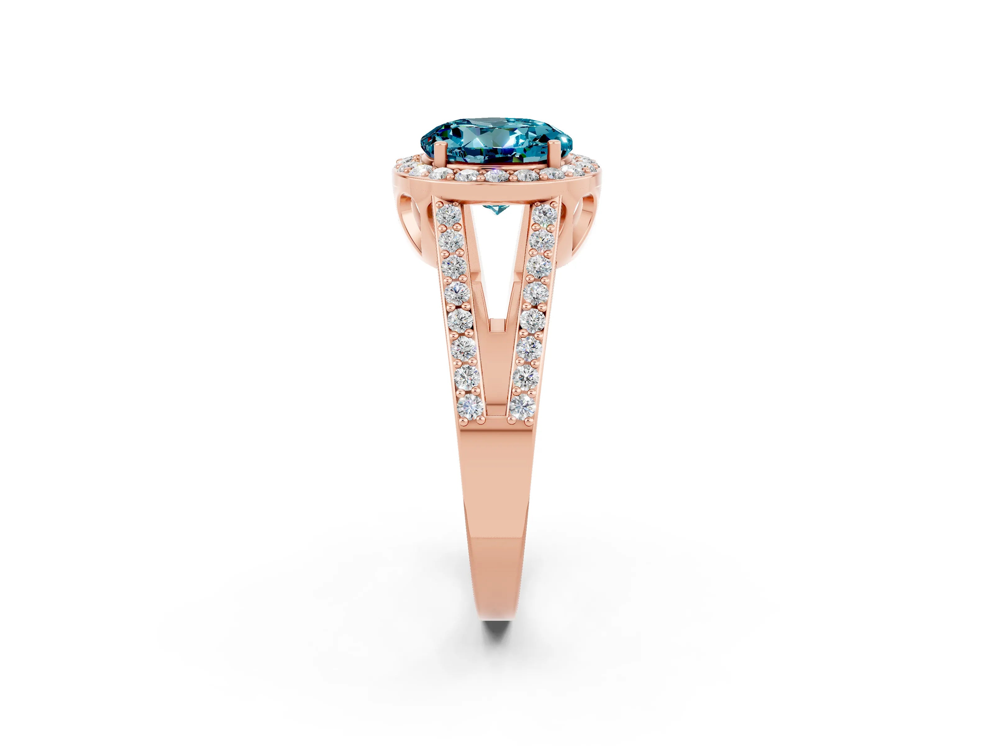 Rose gold Round Cut Blue Topaz Halo Ring with Split Shank U-Prong Band and Four-Prong Setting_2