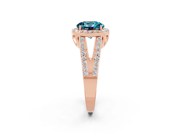 Rose gold Round Cut Blue Topaz Halo Ring with Split Shank U-Prong Band and Four-Prong Setting