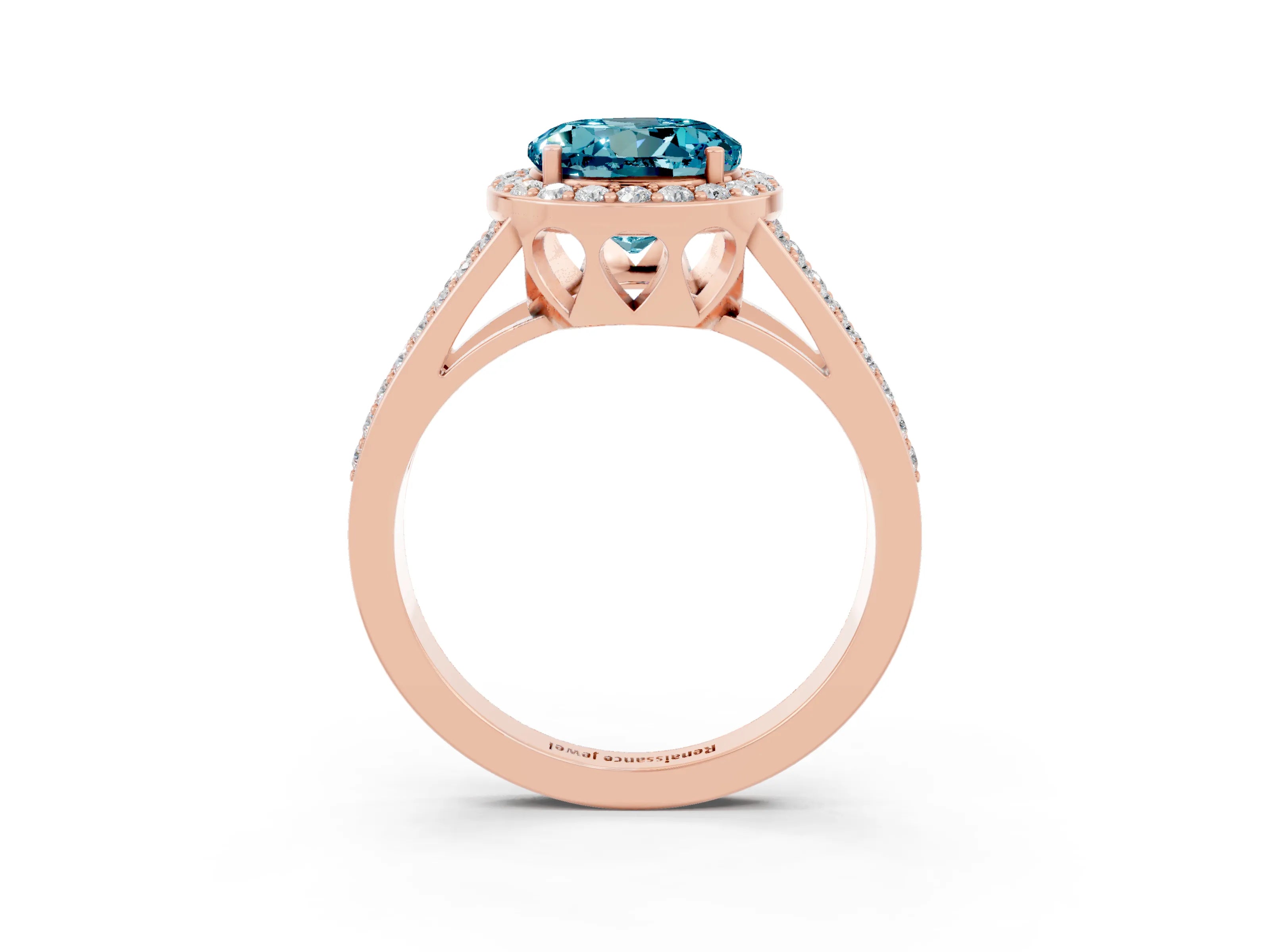 Rose gold Round Cut Blue Topaz Halo Ring with Split Shank U-Prong Band and Four-Prong Setting_3