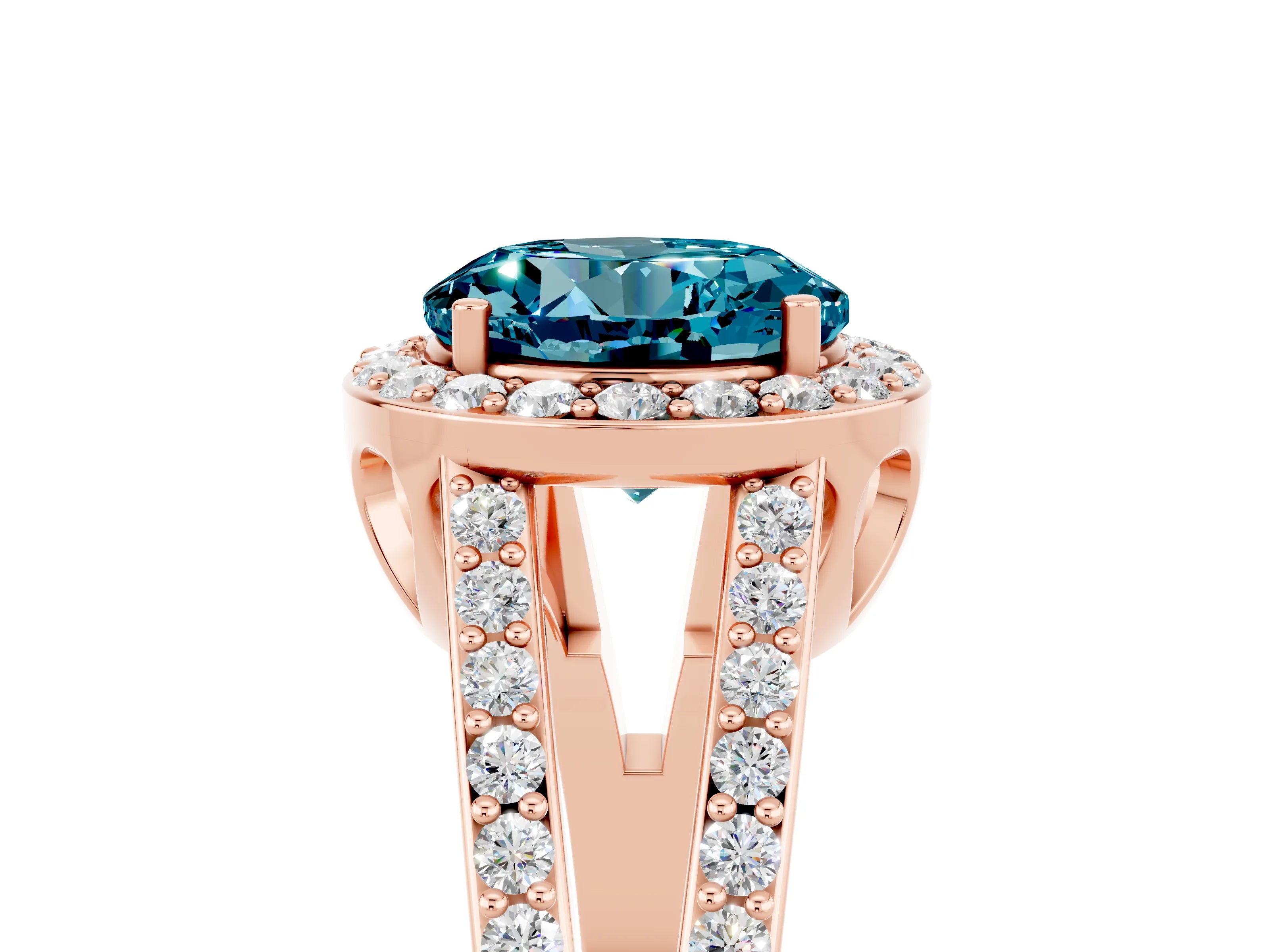 Rose gold Round Cut Blue Topaz Halo Ring with Split Shank U-Prong Band and Four-Prong Setting_5
