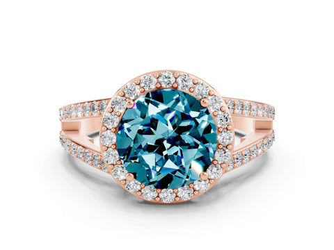 Rose gold Round Cut Blue Topaz Halo Ring with Split Shank U-Prong Band and Four-Prong Setting