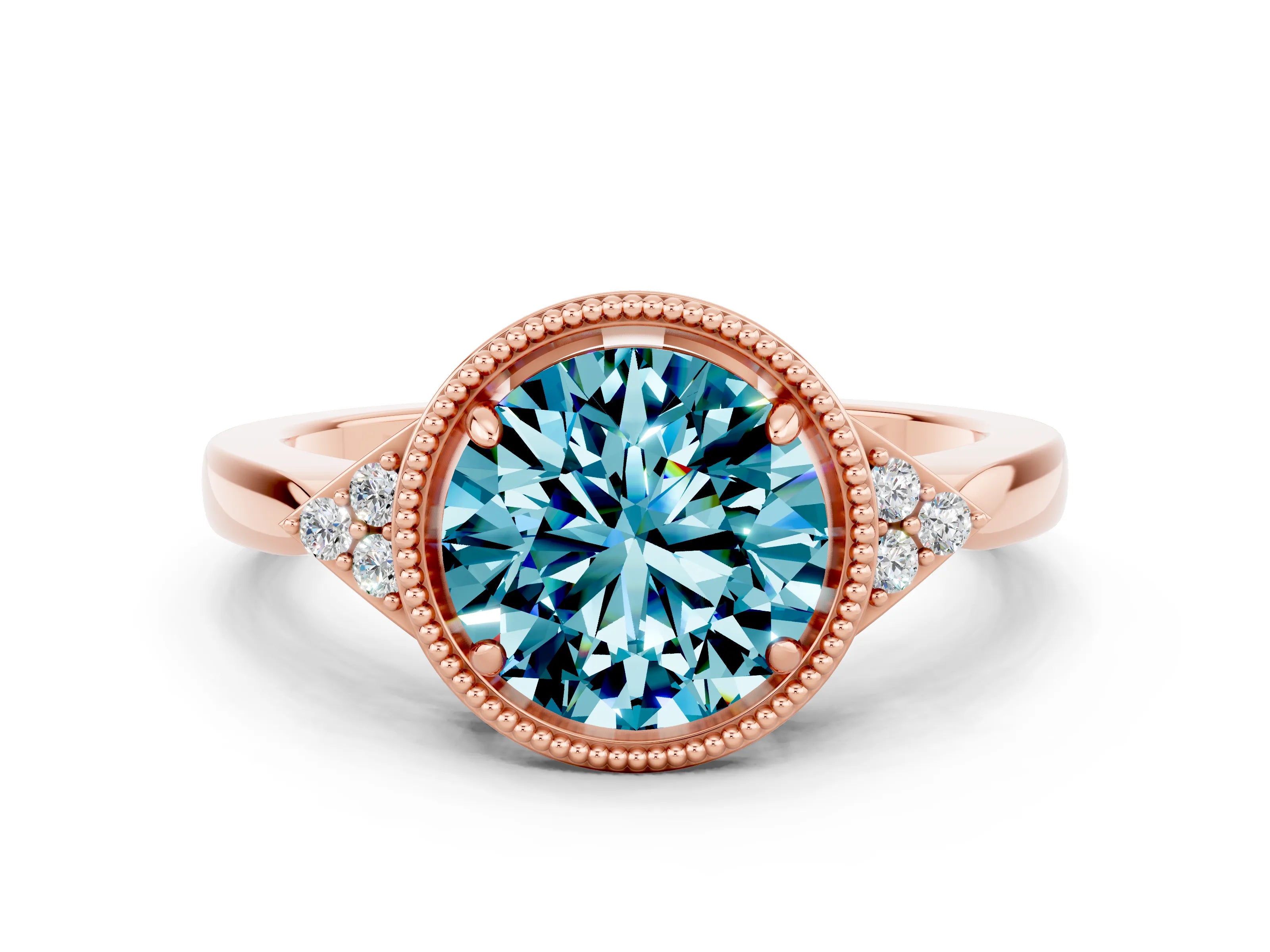 Rose gold Round Cut Blue Topaz Halo Ring with Tapered Band and Four-Prong Setting