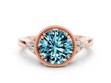 Rose gold Round Cut Blue Topaz Halo Ring with Tapered Band and Four-Prong Setting