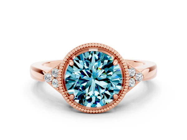 Rose gold Round Cut Blue Topaz Halo Ring with Tapered Band and Four-Prong Setting