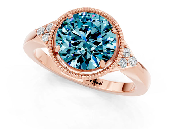 Rose gold Round Cut Blue Topaz Halo Ring with Tapered Band and Four-Prong Setting