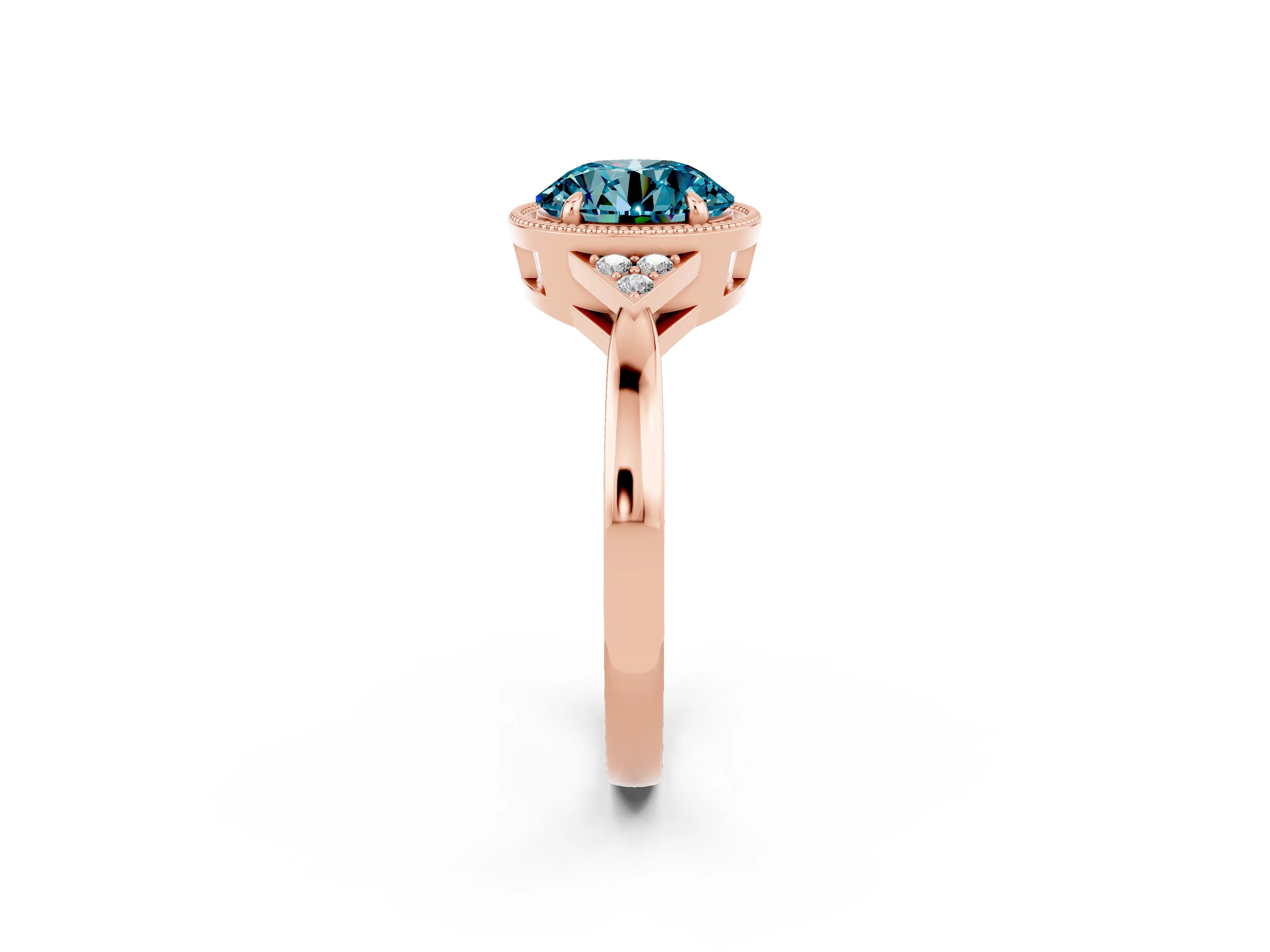 Rose gold Round Cut Blue Topaz Halo Ring with Tapered Band and Four-Prong Setting_2