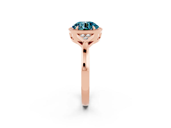 Rose gold Round Cut Blue Topaz Halo Ring with Tapered Band and Four-Prong Setting