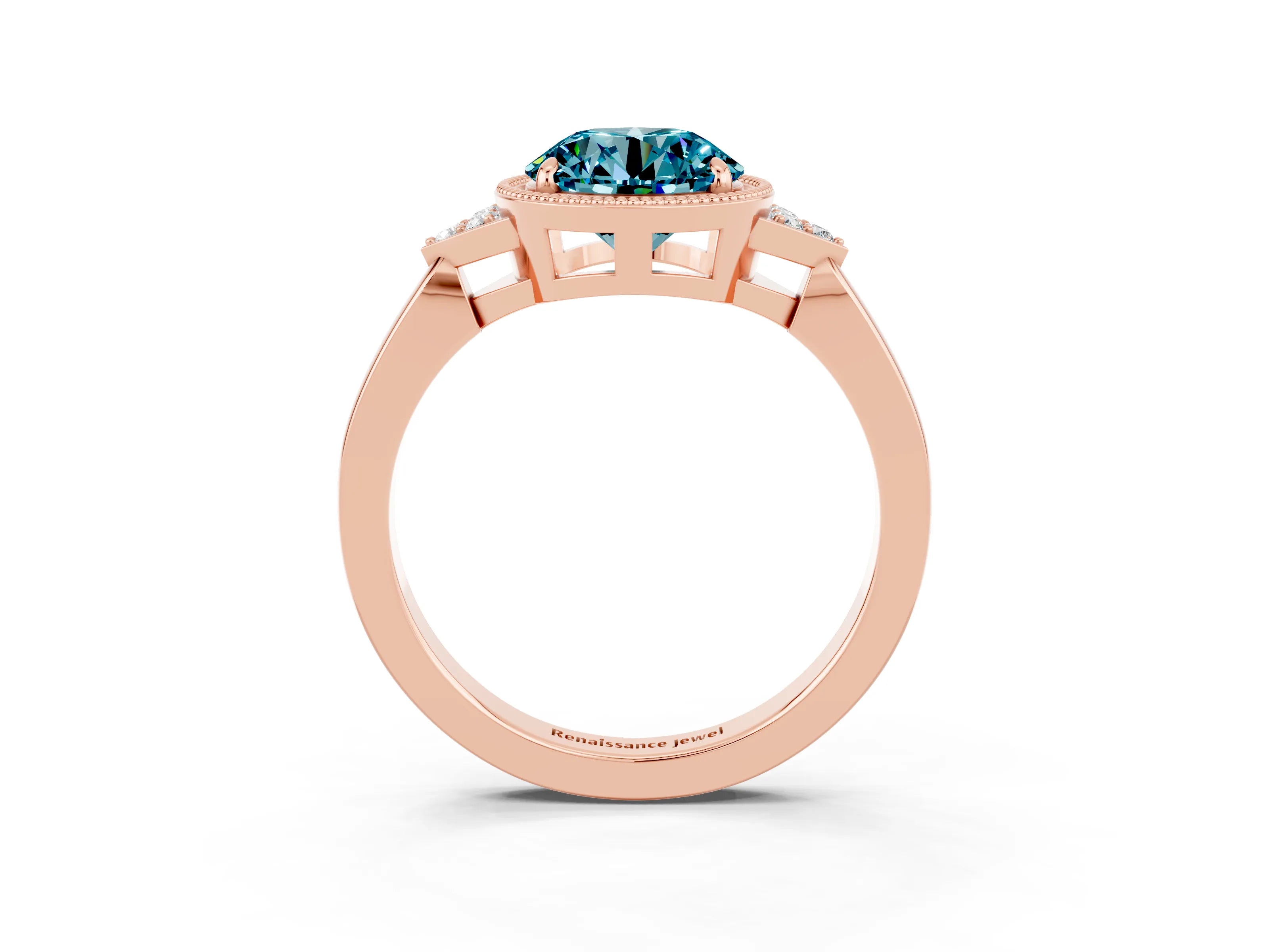 Rose gold Round Cut Blue Topaz Halo Ring with Tapered Band and Four-Prong Setting_3