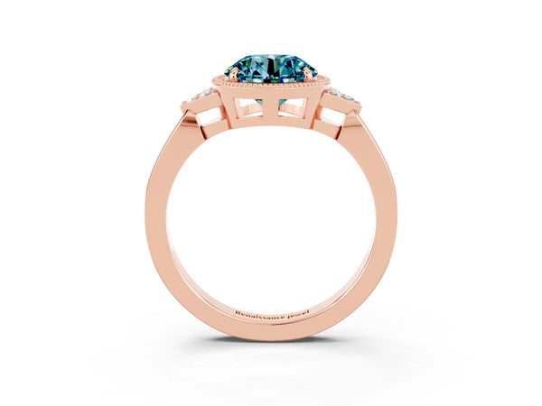Rose gold Round Cut Blue Topaz Halo Ring with Tapered Band and Four-Prong Setting