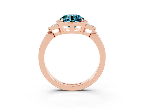 Rose gold Round Cut Blue Topaz Halo Ring with Tapered Band and Four-Prong Setting_3