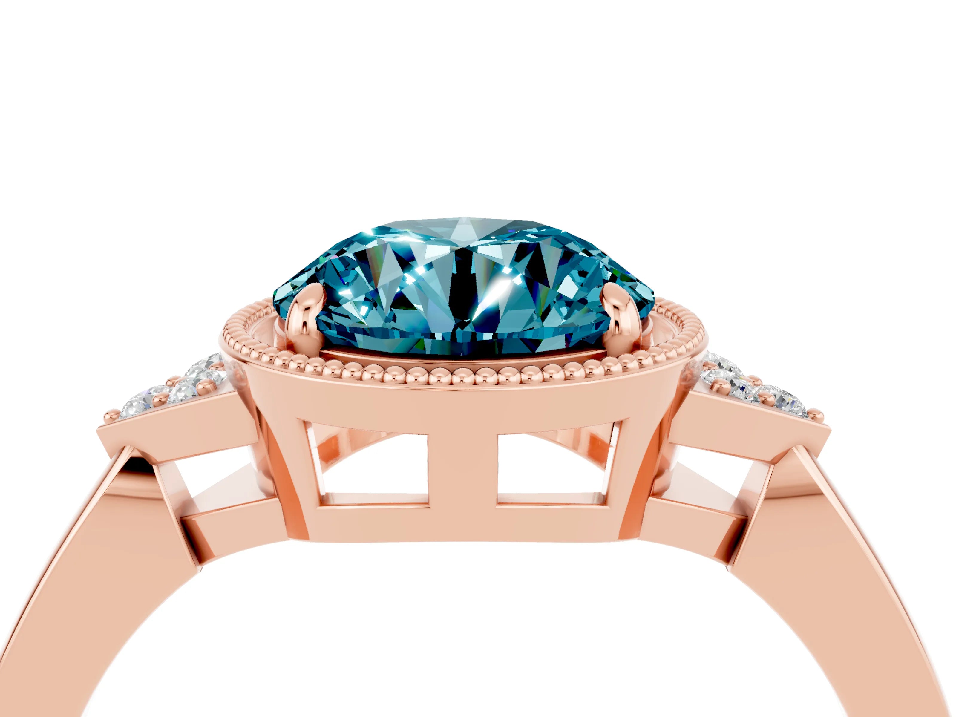 Rose gold Round Cut Blue Topaz Halo Ring with Tapered Band and Four-Prong Setting_4