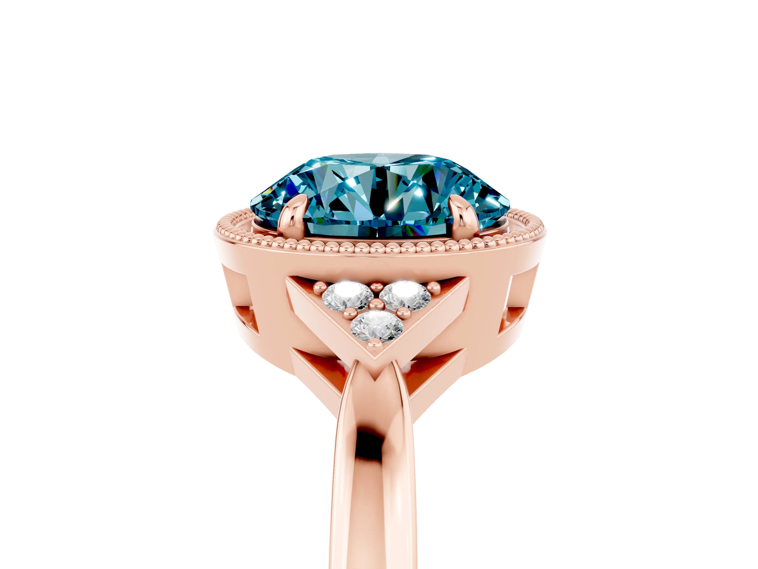 Rose gold Round Cut Blue Topaz Halo Ring with Tapered Band and Four-Prong Setting_5