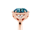Rose gold Round Cut Blue Topaz Halo Ring with Tapered Band and Four-Prong Setting_5