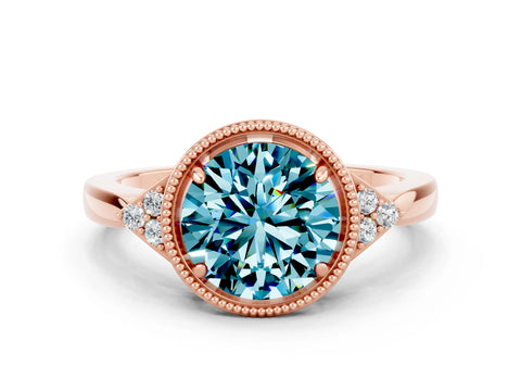 Rose gold Round Cut Blue Topaz Halo Ring with Tapered Band and Four-Prong Setting