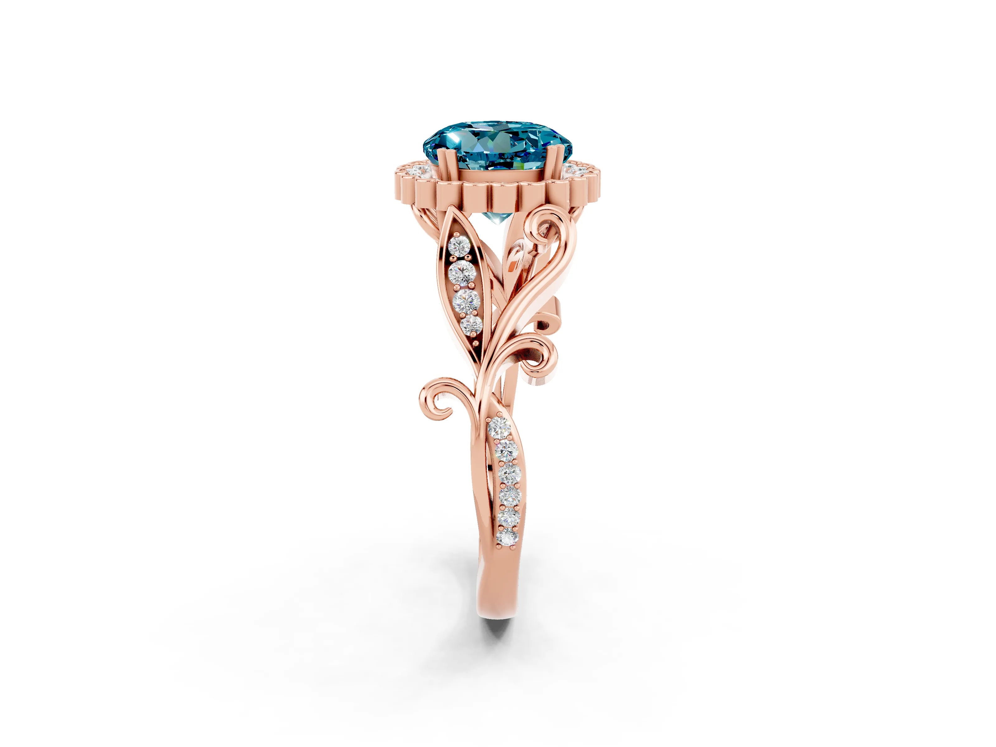Rose gold Round Cut Blue Topaz Halo Ring with Vintage Split Shank and Four-Prong Setting_2