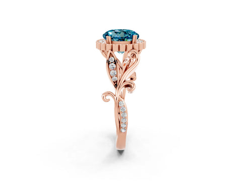 Rose gold Round Cut Blue Topaz Halo Ring with Vintage Split Shank and Four-Prong Setting_2