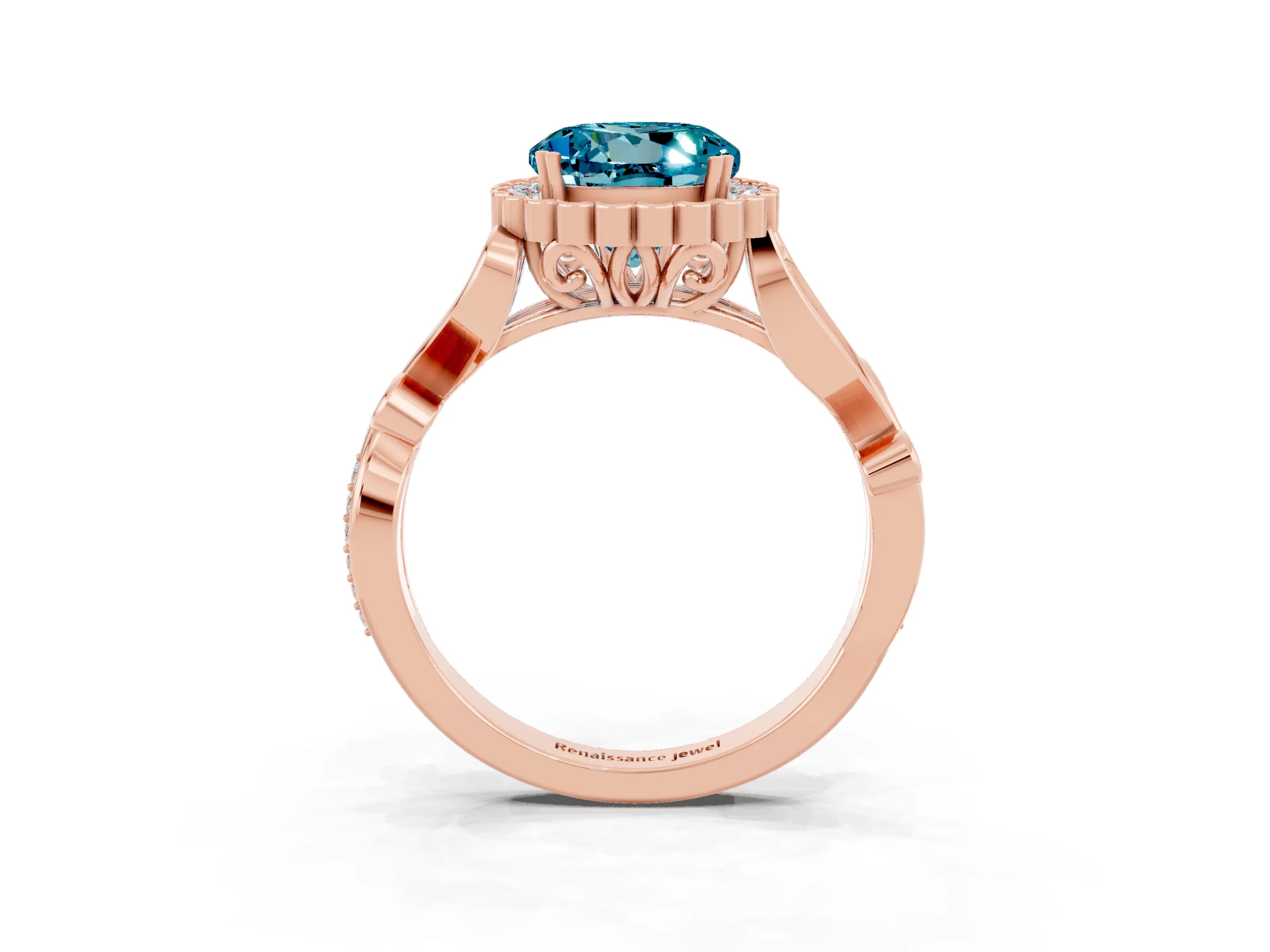 Rose gold Round Cut Blue Topaz Halo Ring with Vintage Split Shank and Four-Prong Setting_3