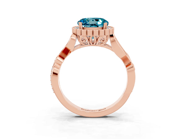 Rose gold Round Cut Blue Topaz Halo Ring with Vintage Split Shank and Four-Prong Setting