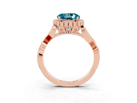 Rose gold Round Cut Blue Topaz Halo Ring with Vintage Split Shank and Four-Prong Setting_3