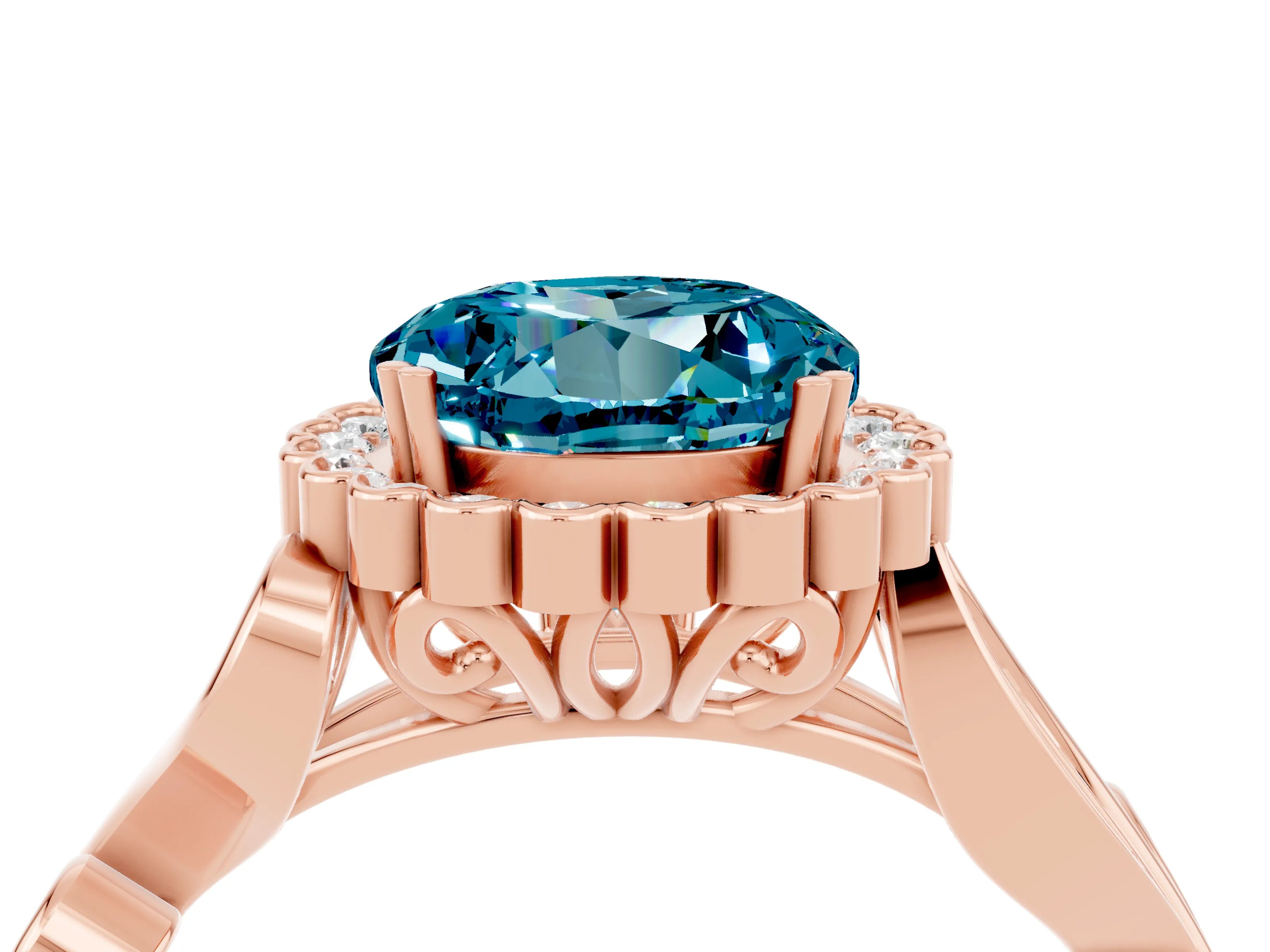 Rose gold Round Cut Blue Topaz Halo Ring with Vintage Split Shank and Four-Prong Setting_4