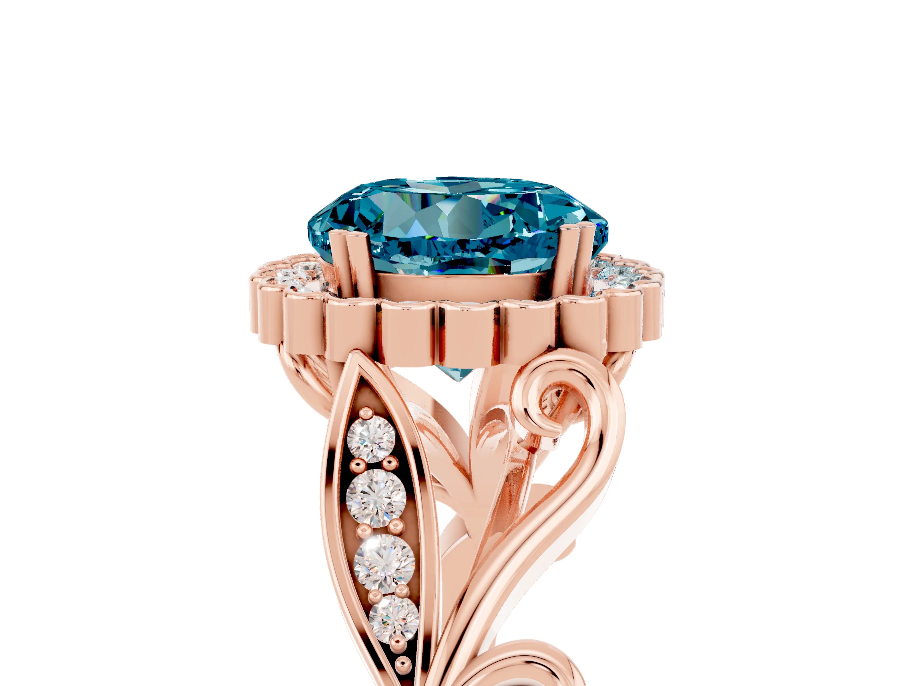 Rose gold Round Cut Blue Topaz Halo Ring with Vintage Split Shank and Four-Prong Setting_5