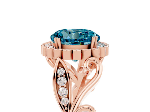 Rose gold Round Cut Blue Topaz Halo Ring with Vintage Split Shank and Four-Prong Setting_5