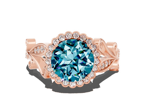 Rose gold Round Cut Blue Topaz Halo Ring with Vintage Split Shank and Four-Prong Setting