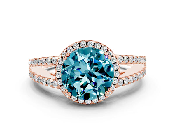 Rose gold Round Cut Blue Topaz Halo Split Shank Engagement Ring