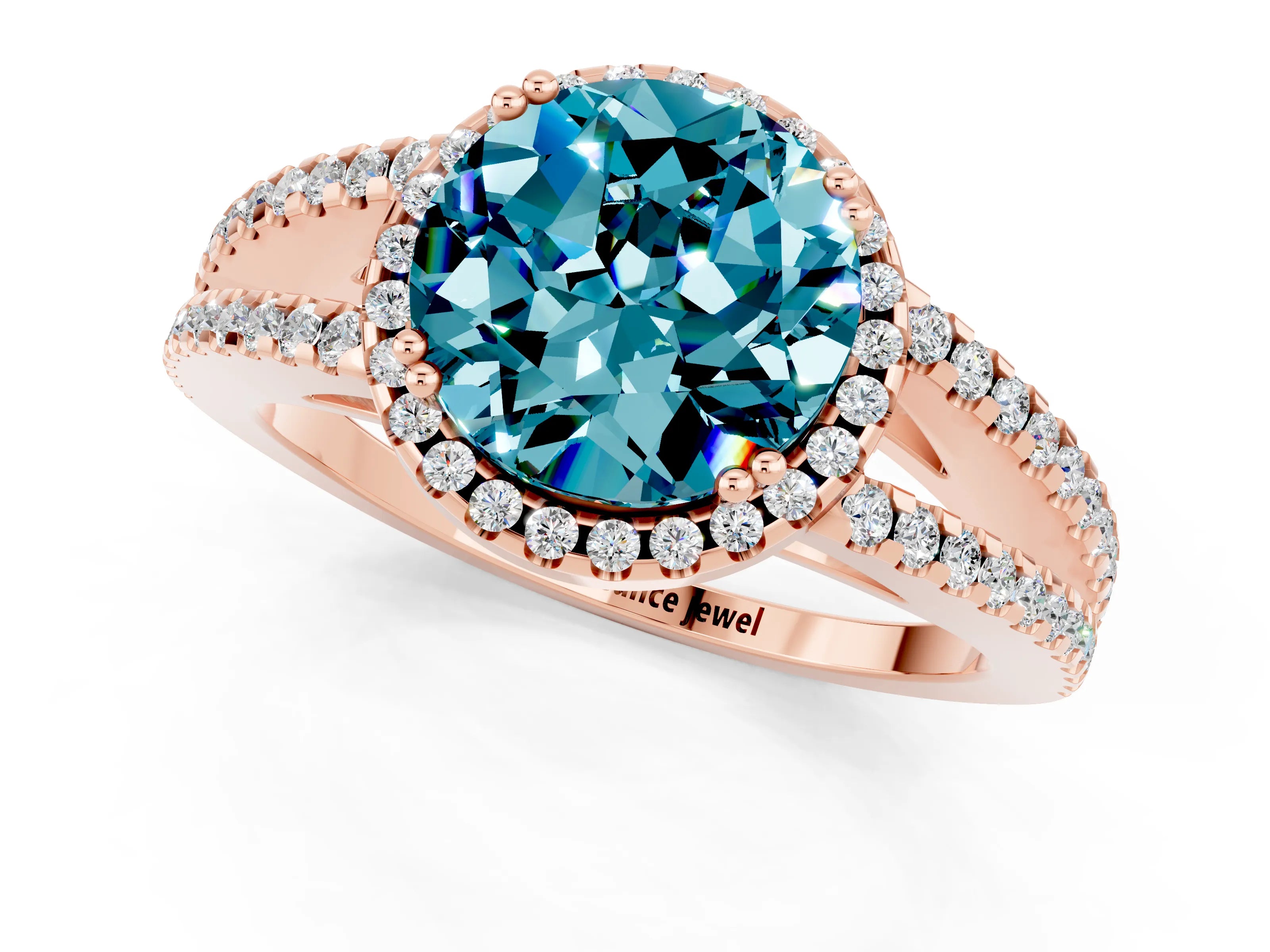 Rose gold Round Cut Blue Topaz Halo Split Shank Engagement Ring_13