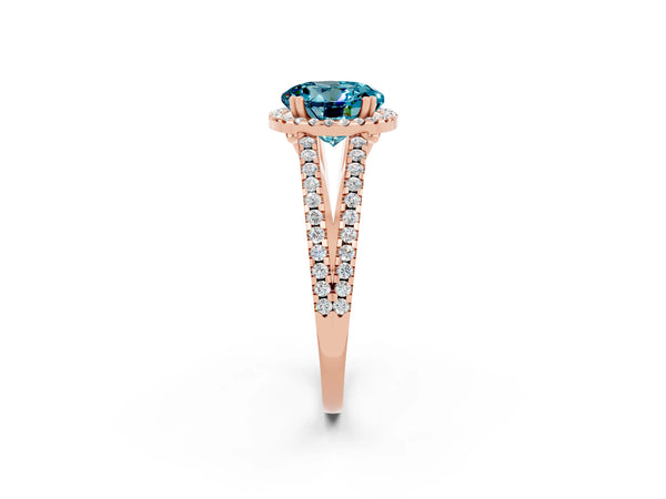 Rose gold Round Cut Blue Topaz Halo Split Shank Engagement Ring