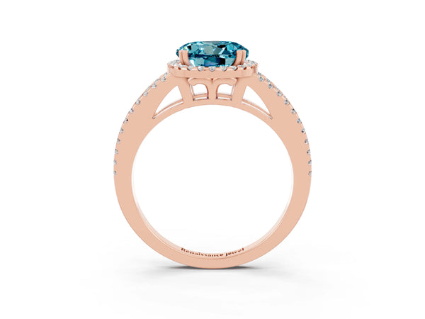 Rose gold Round Cut Blue Topaz Halo Split Shank Engagement Ring
