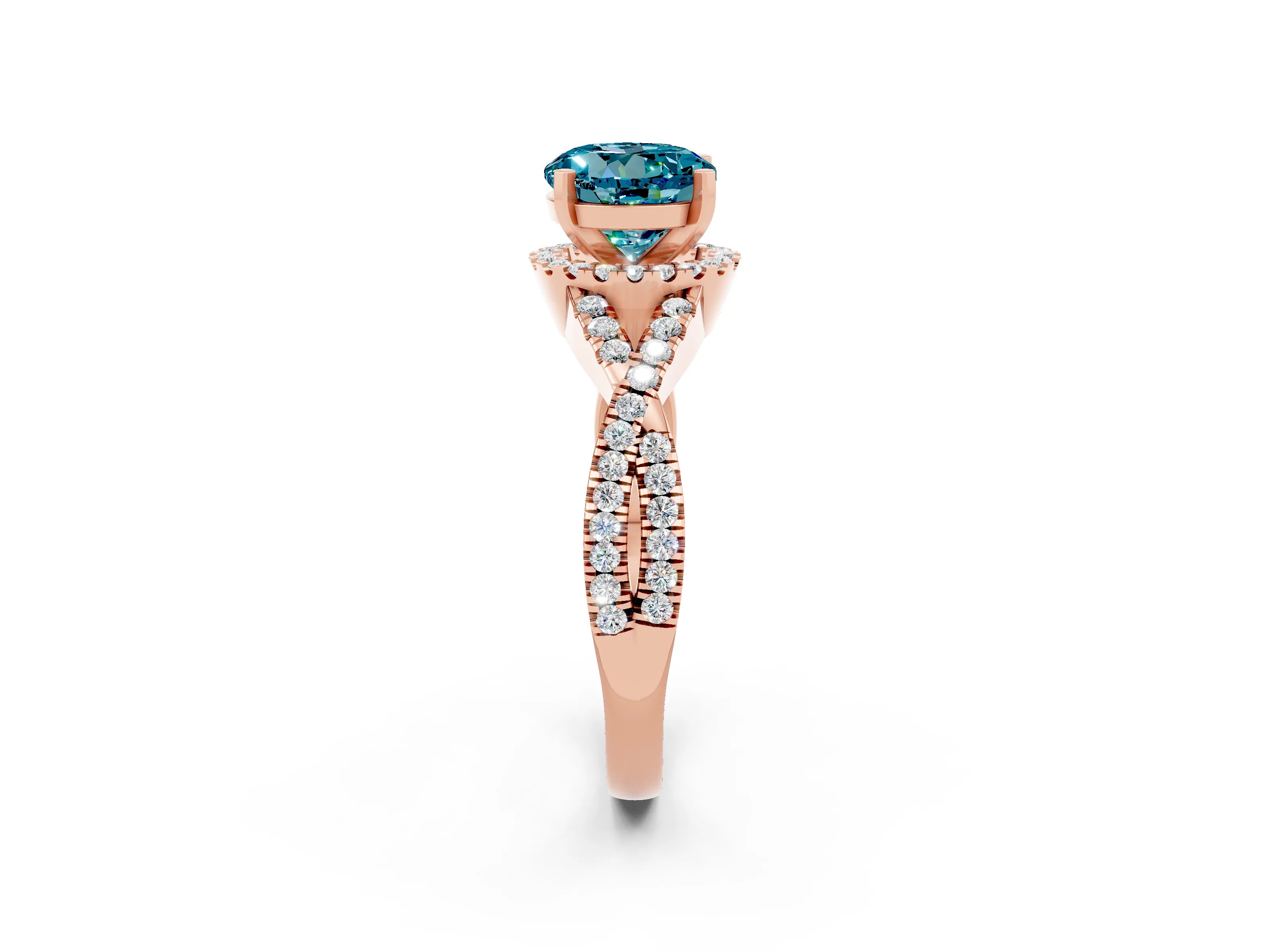 Rose gold Round Cut Blue Topaz Halo Twist Band Solitaire Prong Setting Ring_2