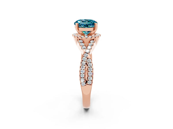 Rose gold Round Cut Blue Topaz  Halo Twist Band Solitaire Prong Setting Ring