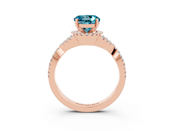 Rose gold Round Cut Blue Topaz  Halo Twist Band Solitaire Prong Setting Ring