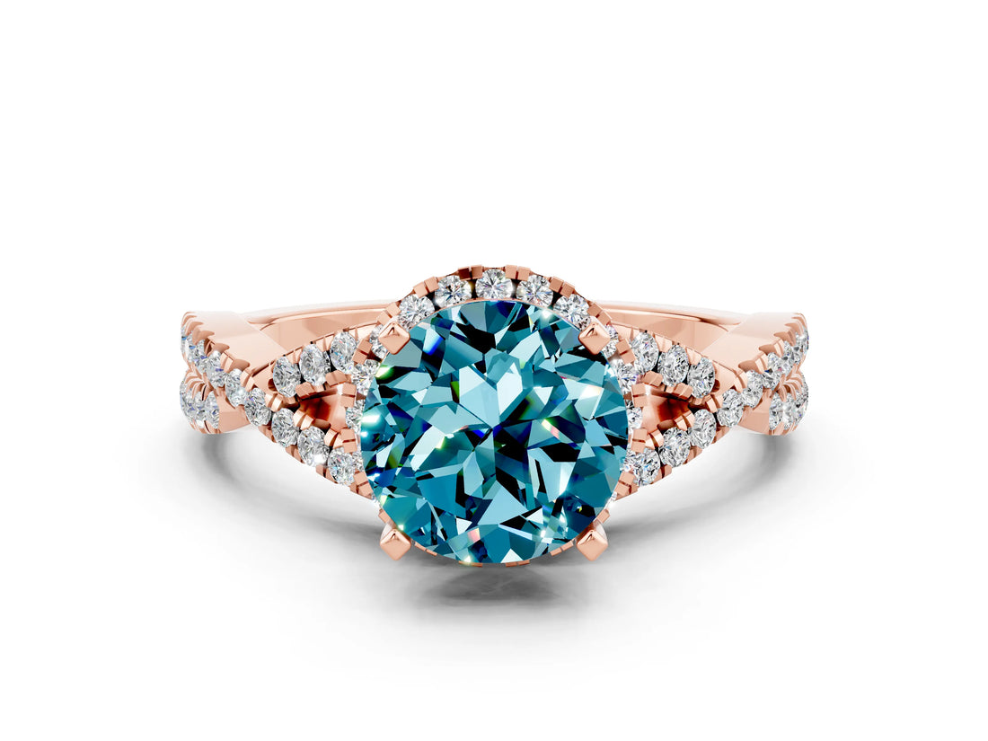 Rose gold Round Cut Blue Topaz  Halo Twist Band Solitaire Prong Setting Ring_42